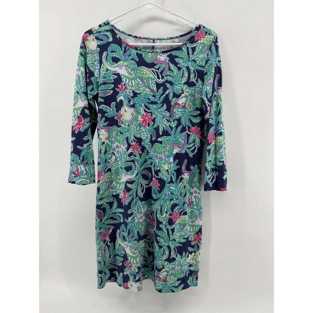 Lilly Pulitzer Marlowe T-shirt Dress Size S Small Blue Green Floral 3/4 Sleeves
